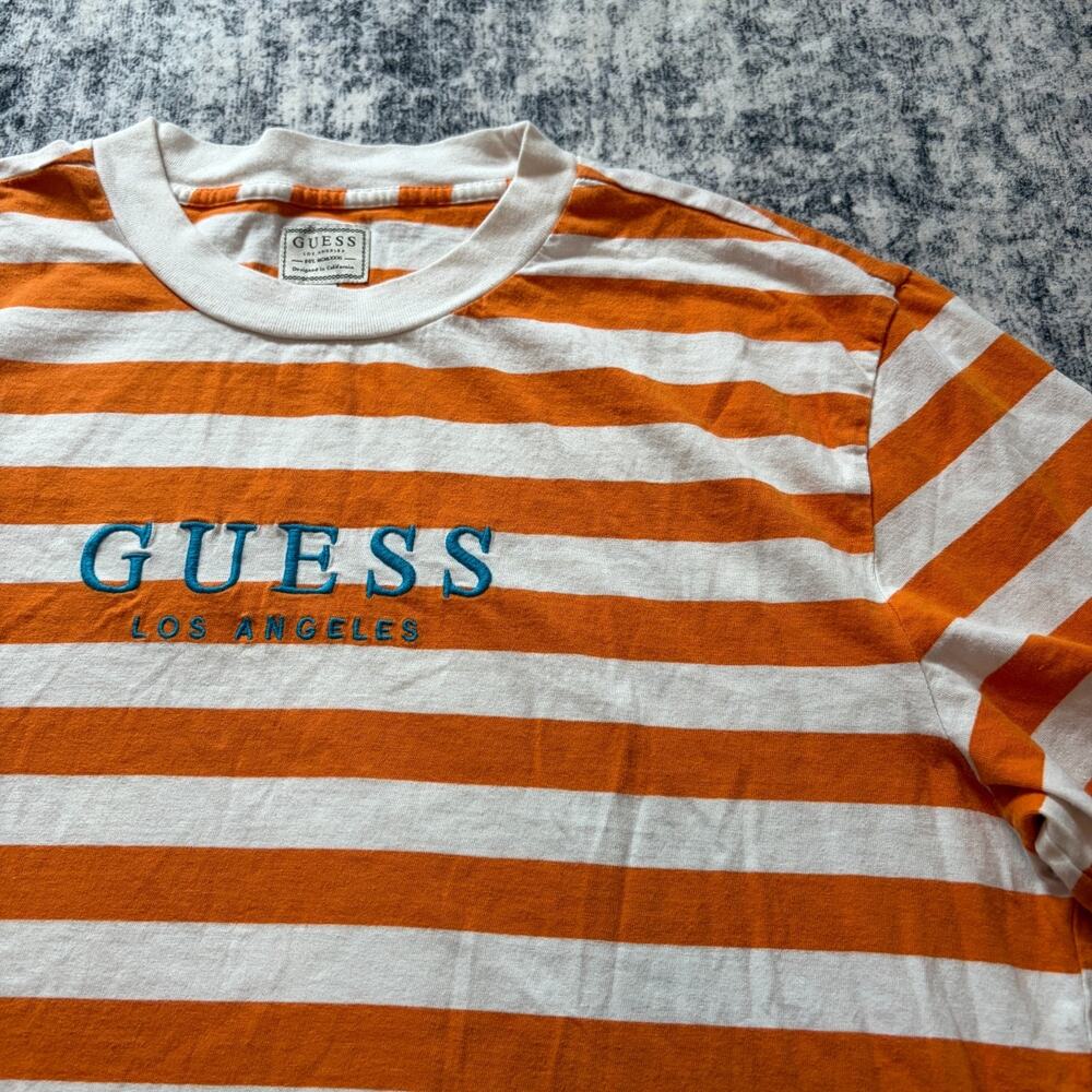 Guess Los Angeles Men's Striped T-Shirt Orange White Embroidered Logo Sz Medium - Picture 10 of 10
